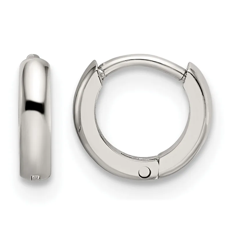 A pair of polished silver-toned chunky hoop earrings with hinged closures, shown from front and side views.