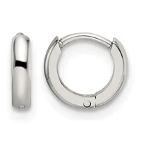 A pair of polished silver-toned chunky hoop earrings with hinged closures, shown from front and side views.