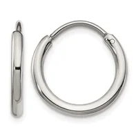 A pair of polished silver-toned hoop earrings shown from the front and side view, featuring a chunky tubular design with a hinged closure.