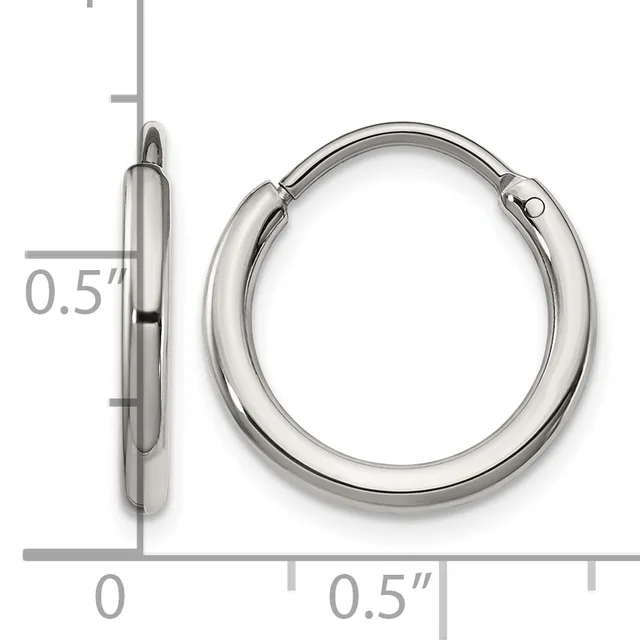 Pair of small polished silver-toned hoop earrings with a hinged closure, shown from front and side view with measurement scale indicating 0.5 inch diameter.
