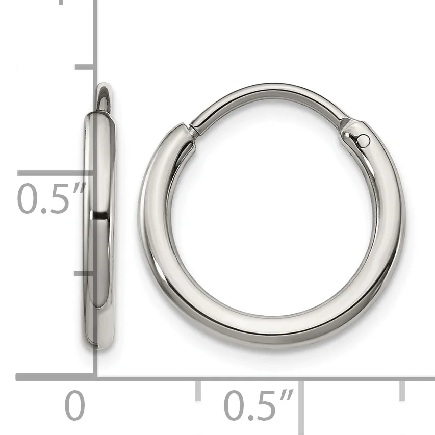 Pair of small polished silver-toned hoop earrings with a hinged closure, shown from front and side view with measurement scale indicating 0.5 inch diameter.