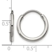 Pair of small polished silver-toned hoop earrings with a hinged closure, shown from front and side view with measurement scale indicating 0.5 inch diameter.