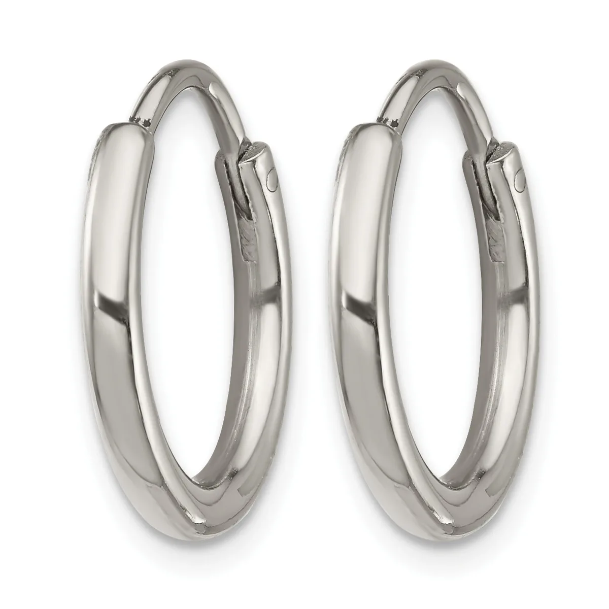 A pair of polished silver-toned hoop earrings with hinged closures, displayed side by side against a white background.