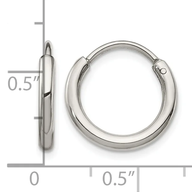 A pair of polished silver-toned hoop earrings with a tubular profile, shown front and side view against a measurement scale indicating 0.5 inch diameter.