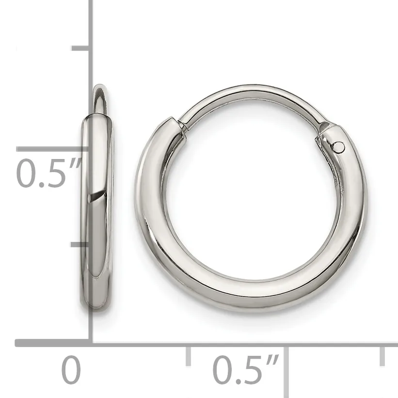 A pair of polished silver-toned hoop earrings with a tubular profile, shown front and side view against a measurement scale indicating 0.5 inch diameter.
