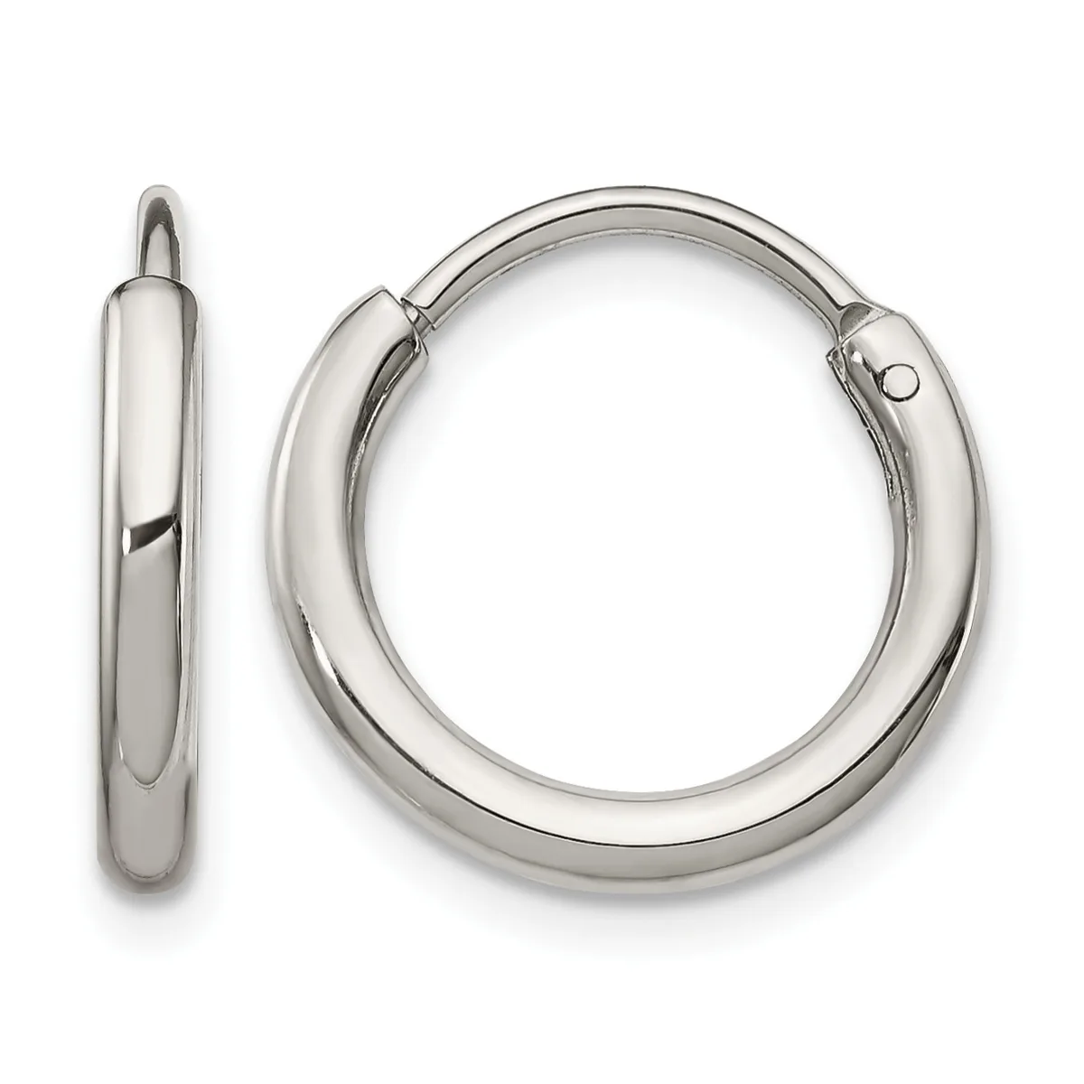 A pair of polished silver-toned hoop earrings shown from the front and side view, featuring a chunky tubular design with hinged closures.