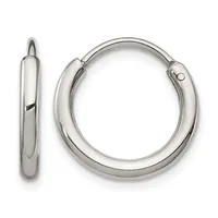 A pair of polished silver-toned hoop earrings shown from the front and side view, featuring a chunky tubular design with hinged closures.
