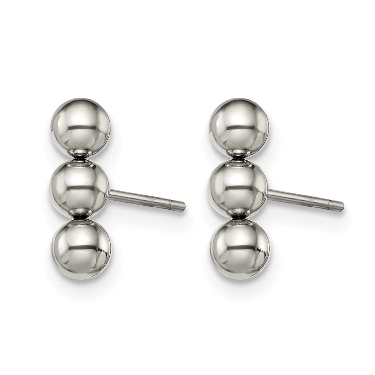 A pair of polished silver stud earrings, each consisting of three graduated spheres stacked vertically on a post and backing.
