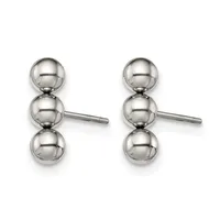 A pair of polished silver stud earrings, each consisting of three graduated spheres stacked vertically on a post and backing.