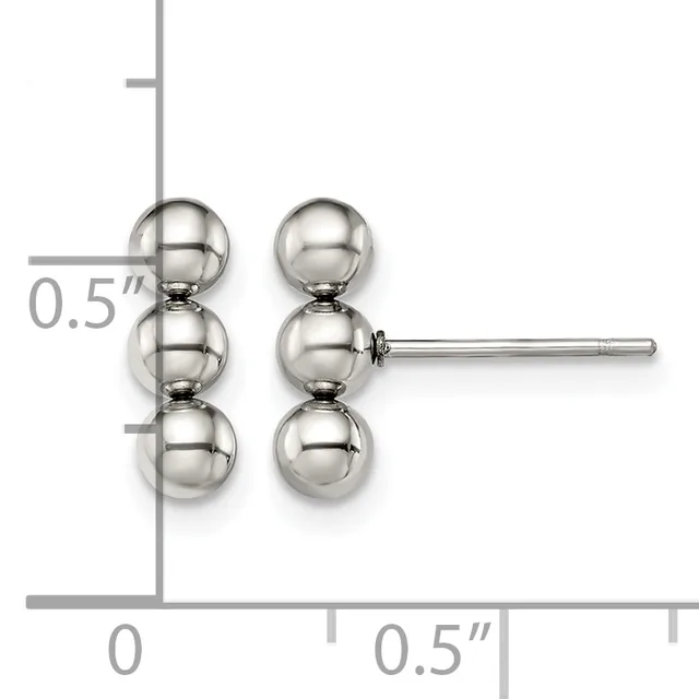 A pair of silver stud earrings featuring three stacked spheres on each post, displayed on a measurement grid showing approximately 0.5 inches in height.