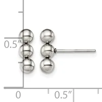 A pair of silver stud earrings featuring three stacked spheres on each post, displayed on a measurement grid showing approximately 0.5 inches in height.