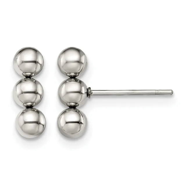 A pair of stainless steel stud earrings, each consisting of three stacked spheres arranged vertically, displayed on a post with a small hallmark visible.
