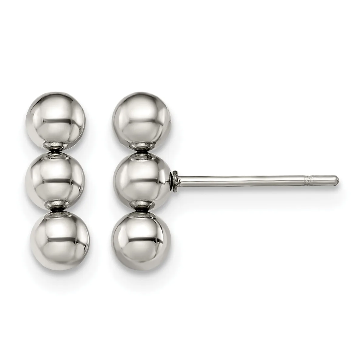 A pair of stainless steel stud earrings, each consisting of three stacked spheres arranged vertically, displayed on a post with a small hallmark visible.
