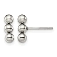 A pair of stainless steel stud earrings, each consisting of three stacked spheres arranged vertically, displayed on a post with a small hallmark visible.