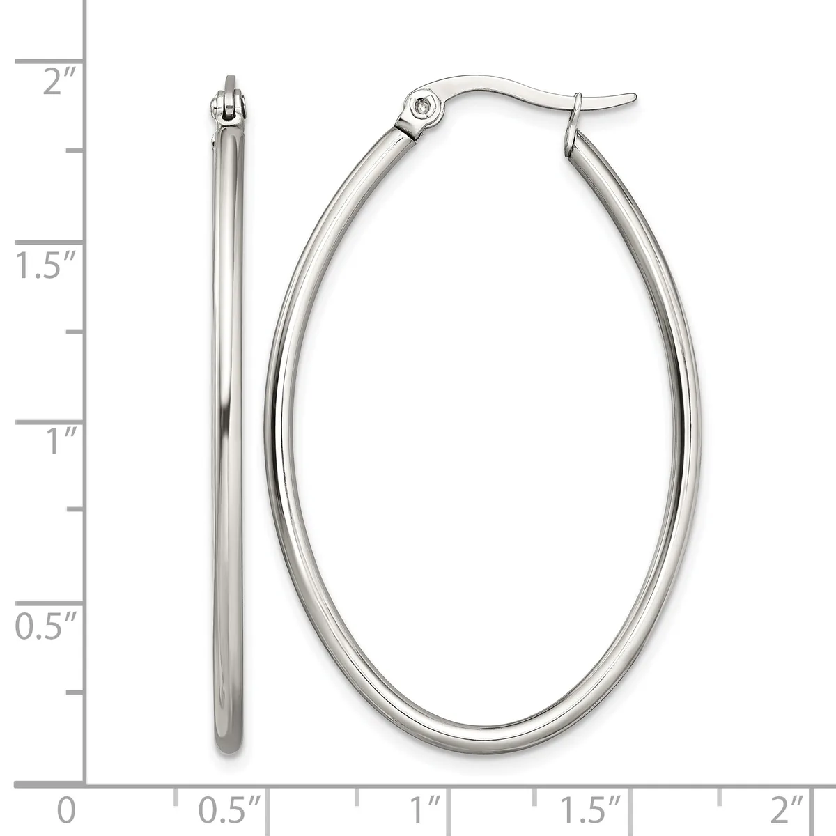Pair of polished silver-tone oval hoop earrings with hinged posts, shown next to a ruler measuring approximately two inches in length.