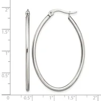 Pair of polished silver-tone oval hoop earrings with hinged posts, shown next to a ruler measuring approximately two inches in length.