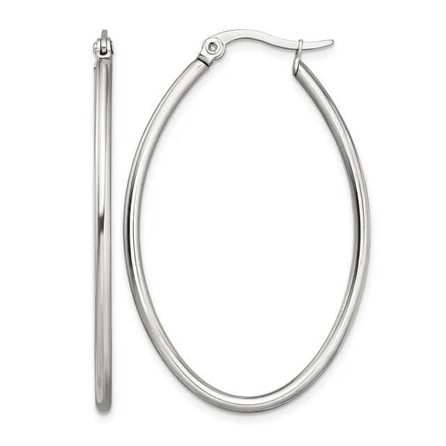 A pair of polished silver oval hoop earrings shown from the front and side, featuring a hinged clasp closure at the top.