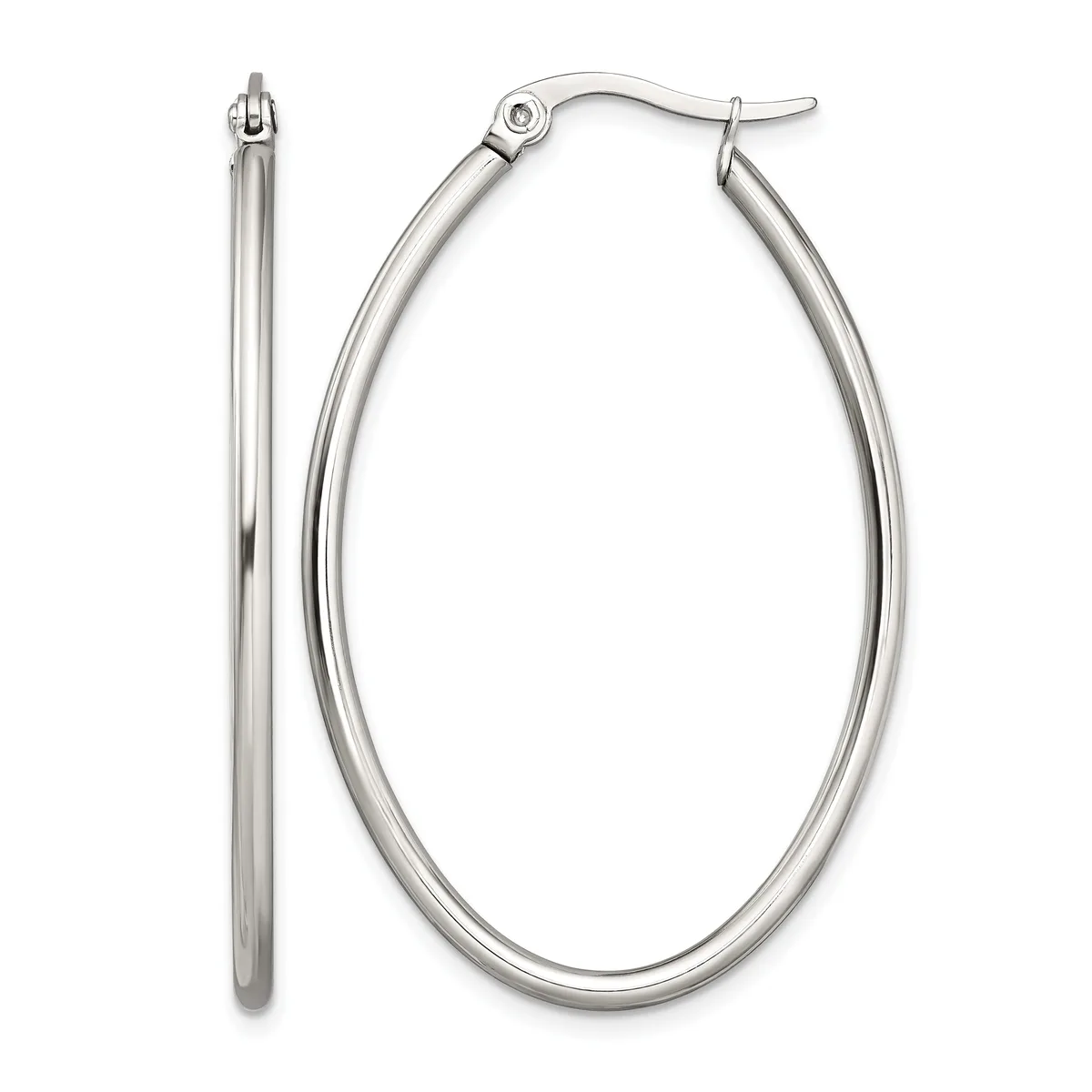 A pair of polished silver oval hoop earrings shown from the front and side, featuring a hinged clasp closure at the top.