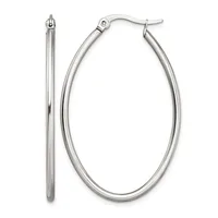 A pair of polished silver oval hoop earrings shown from the front and side, featuring a hinged clasp closure at the top.