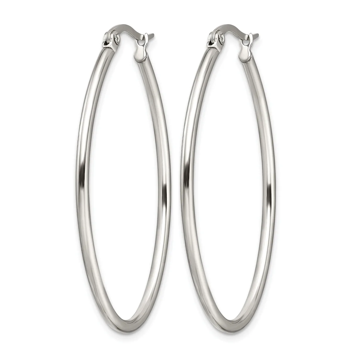 A pair of polished silver-toned oval hoop earrings with hinged posts, shown against a white background.