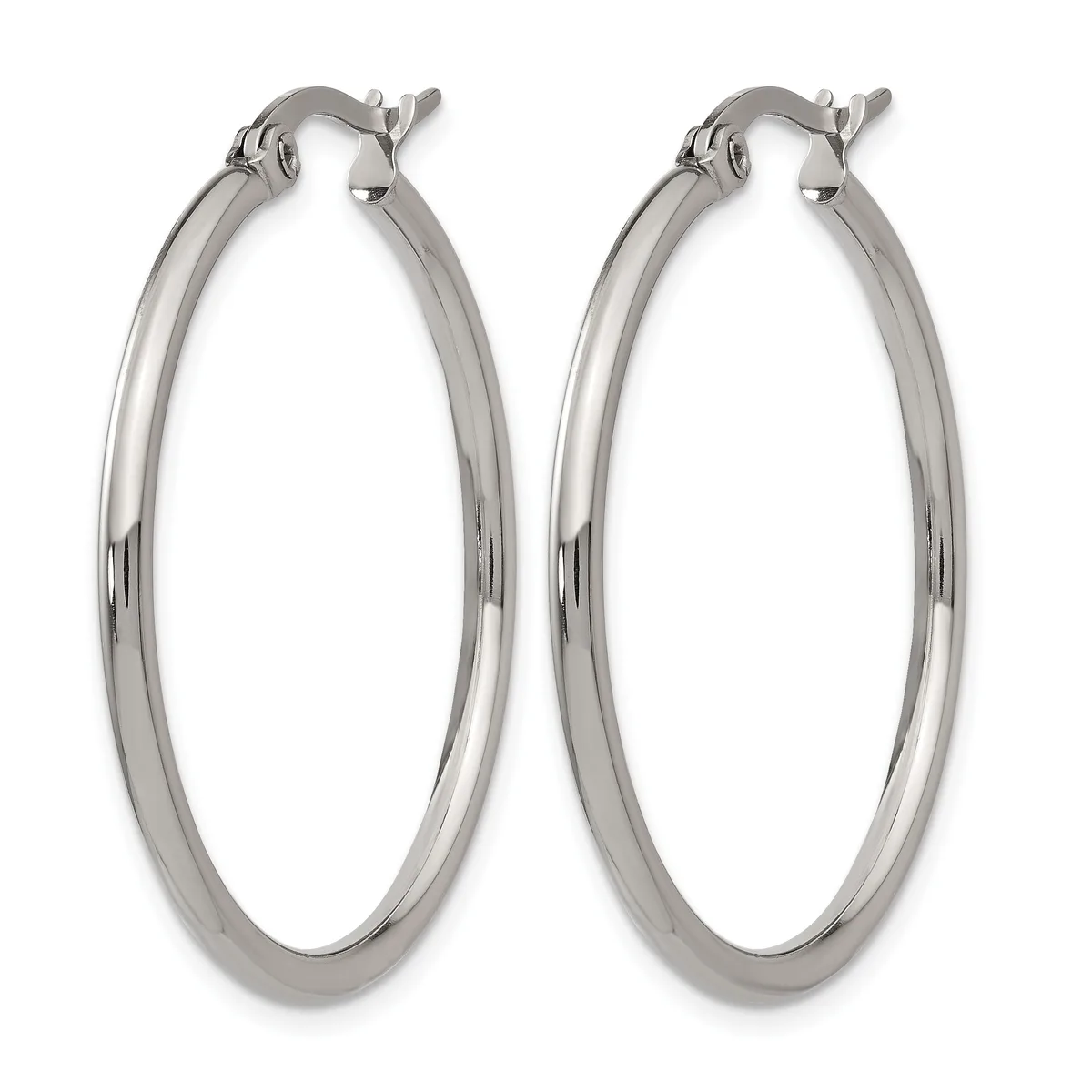 A pair of polished silver-toned hoop earrings with hinged closures, displayed against a white background.