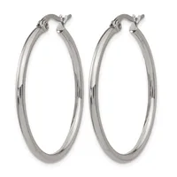 A pair of polished silver-toned hoop earrings with hinged closures, displayed against a white background.