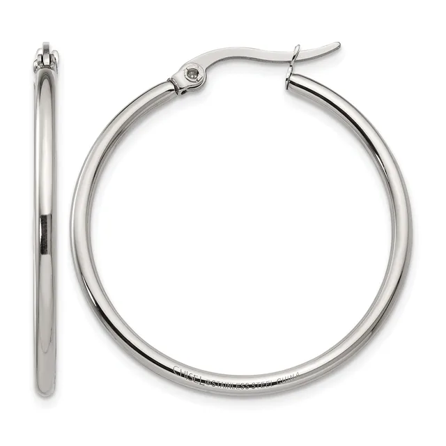 A pair of polished silver-toned hoop earrings shown from front and side views, displaying the smooth curved tubing and post-and-clutch closure mechanism.