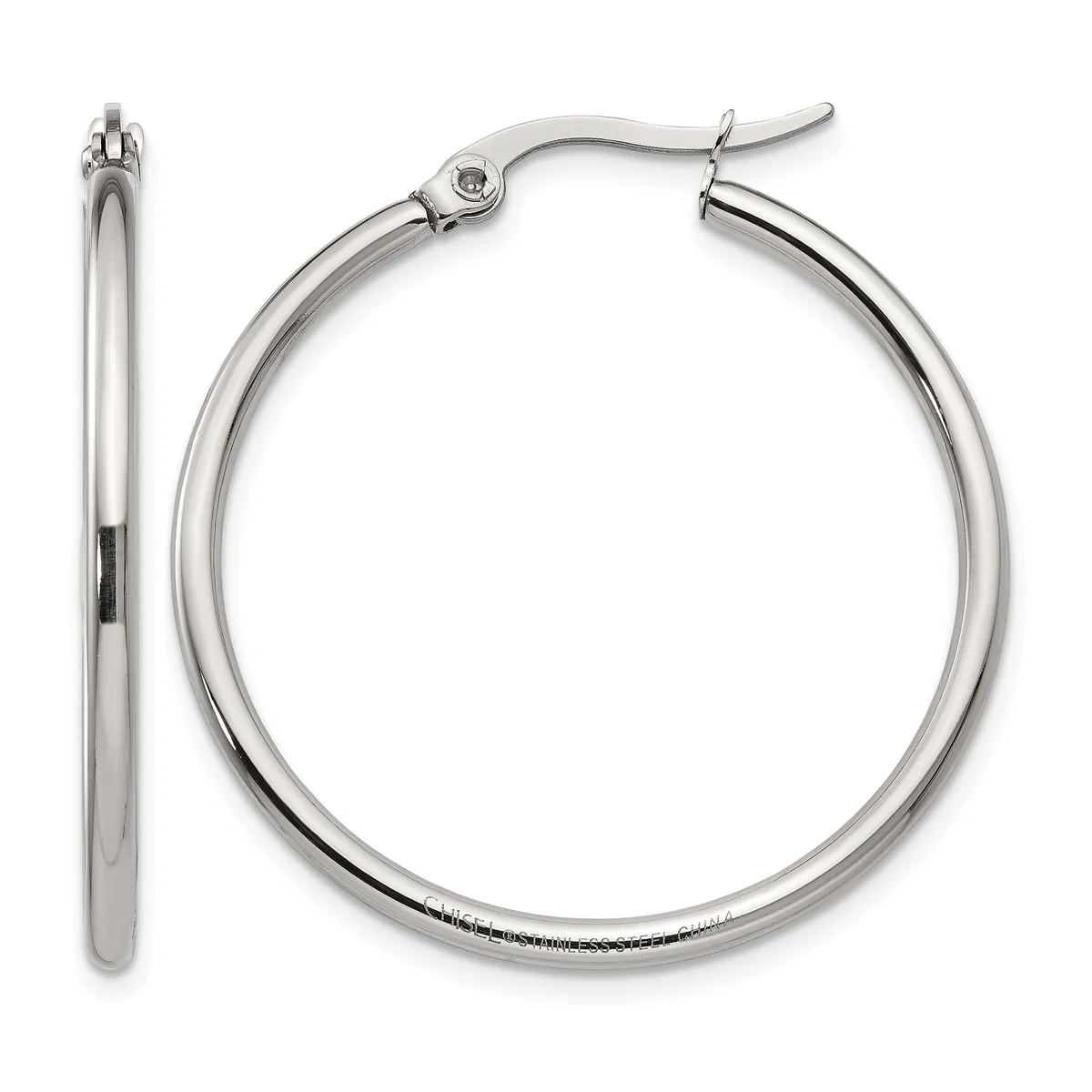 A pair of polished silver-toned hoop earrings shown from front and side views, displaying the smooth curved tubing and post-and-clutch closure mechanism.