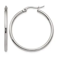 A pair of polished silver-toned hoop earrings shown from front and side views, displaying the smooth curved tubing and post-and-clutch closure mechanism.