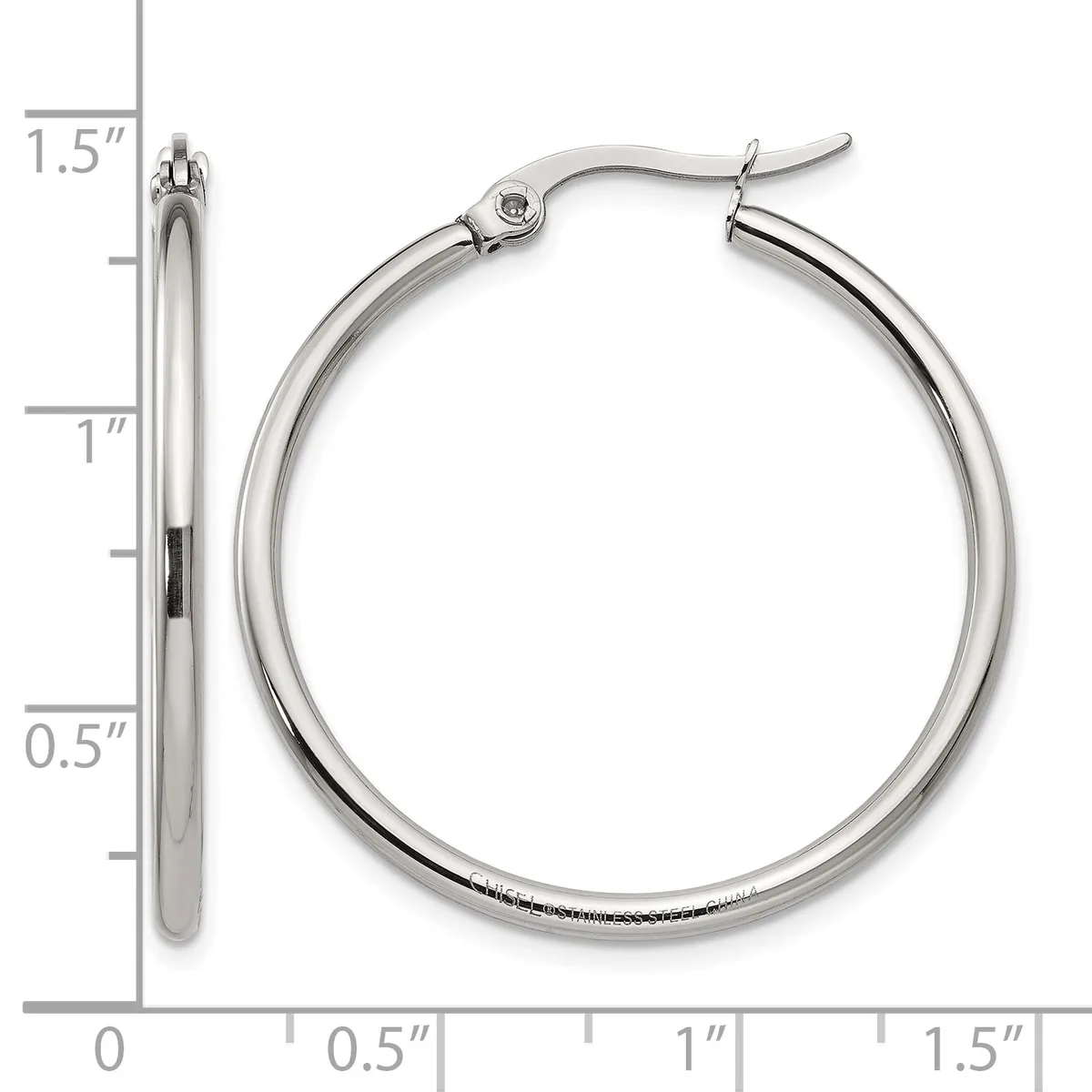 A pair of silver-toned hoop earrings with a polished finish and hinged closures, shown at actual size with a measurement scale indicating they are approximately 1.5 inches in diameter.