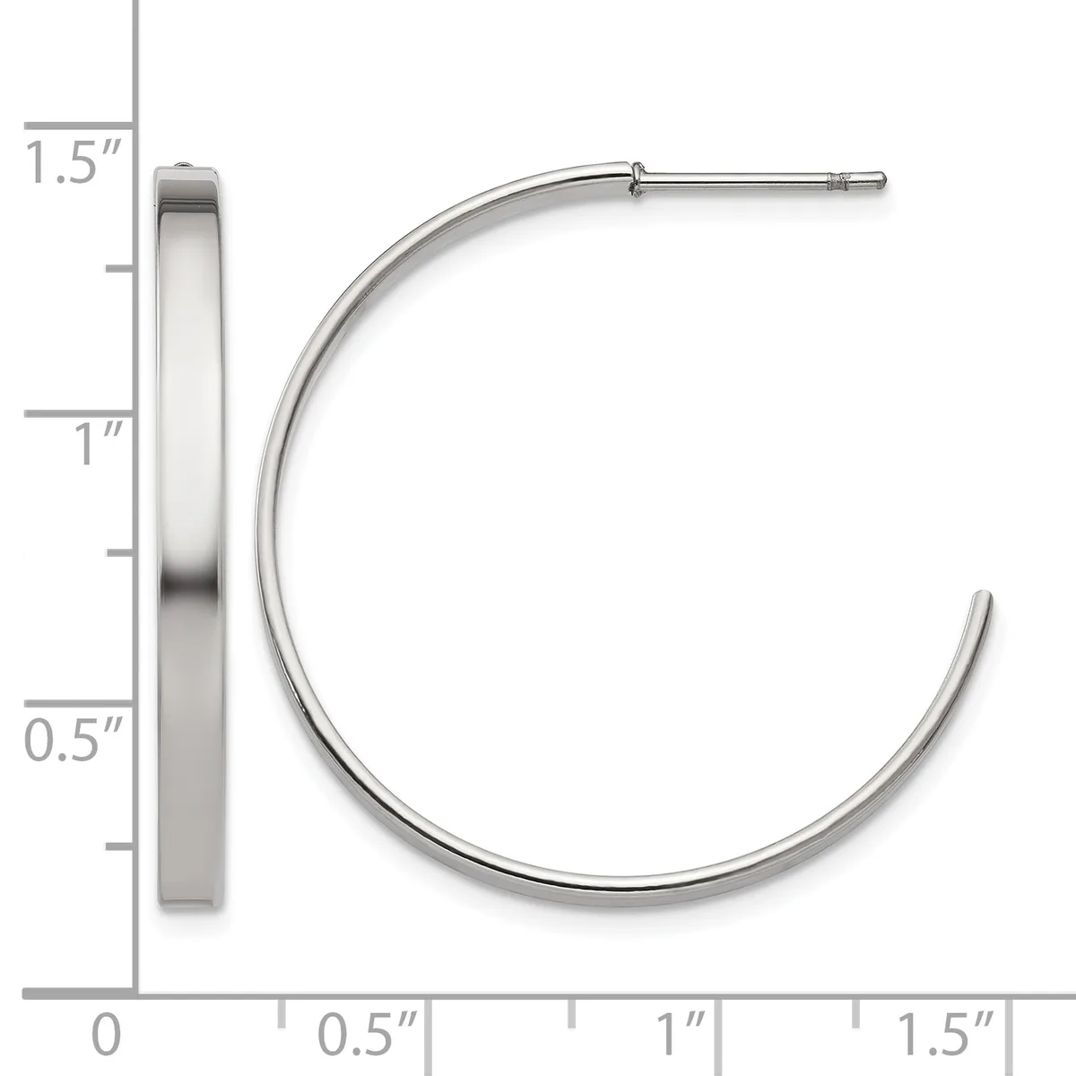 Silver-toned hoop earrings with a polished finish, shown next to a measurement scale indicating approximately 1.5 inches in diameter.