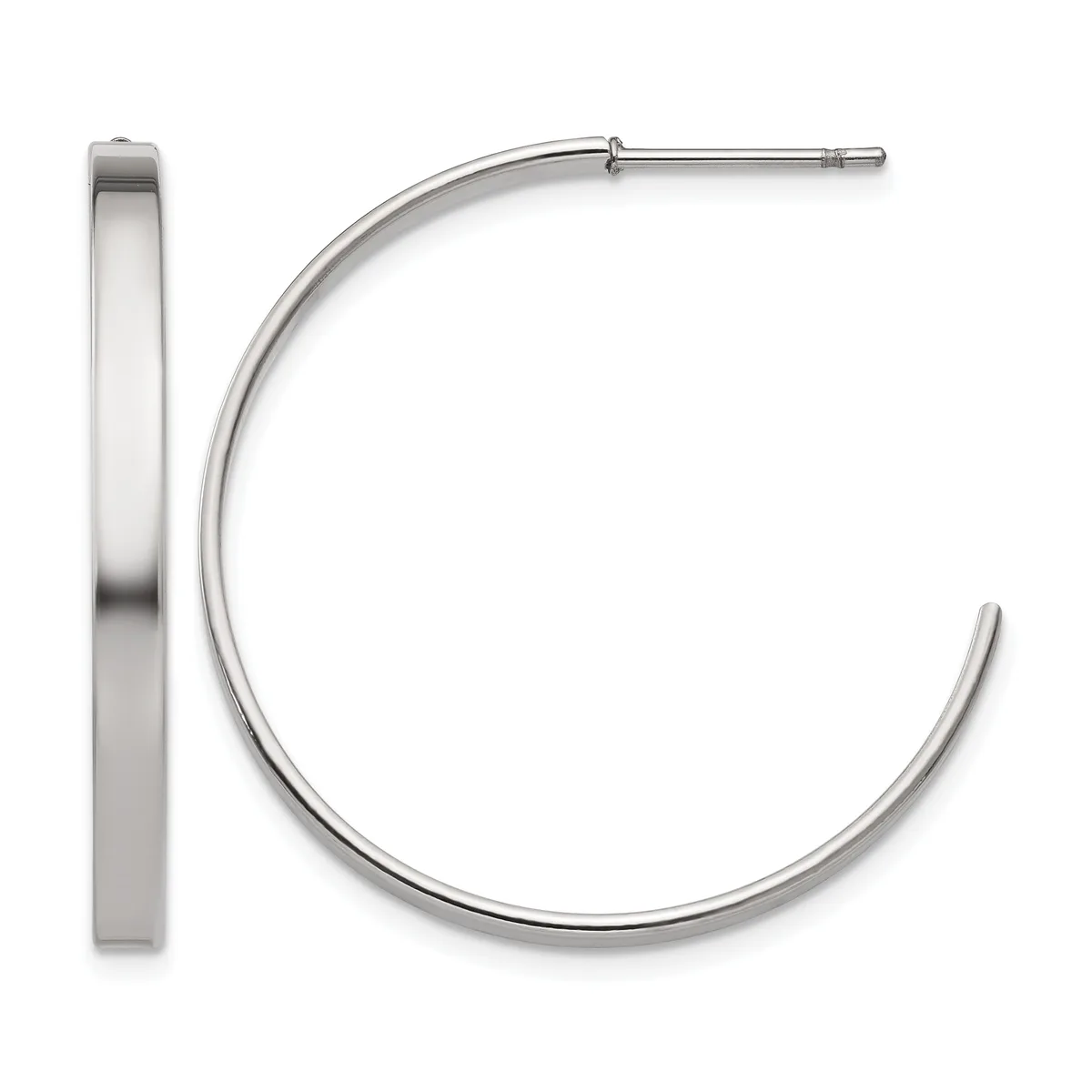 A pair of polished silver hoop earrings displayed against a white background, showing the front and side profile views.