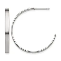 A pair of polished silver hoop earrings displayed against a white background, showing the front and side profile views.