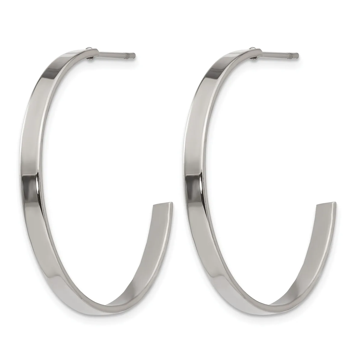 A pair of polished silver-toned hoop earrings with a flat, rectangular profile and post-and-clutch closures, shown from the front.