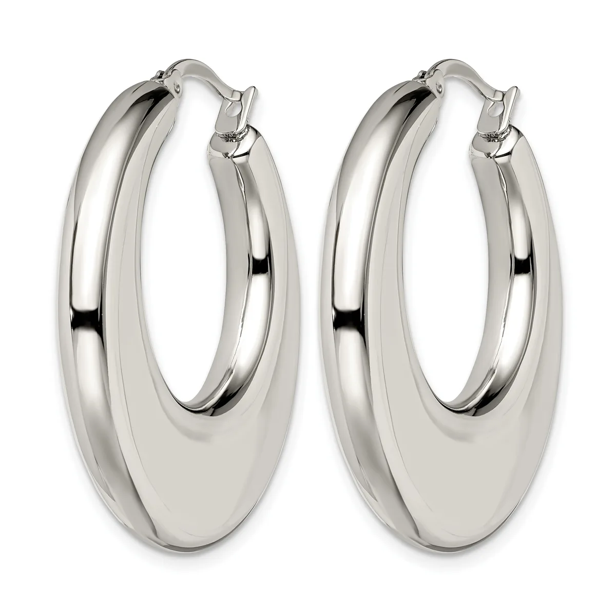 A pair of polished silver-toned chunky hoop earrings with a grooved linear detail, shown against a white background.