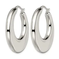 A pair of polished silver-toned chunky hoop earrings with a grooved linear detail, shown against a white background.