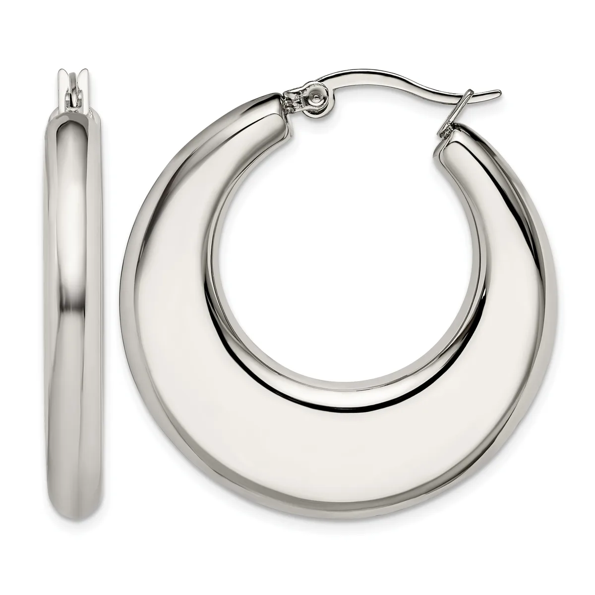 Pair of polished silver-toned chunky hoop earrings with hinged closures, shown from front and side views.