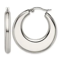Pair of polished silver-toned chunky hoop earrings with hinged closures, shown from front and side views.