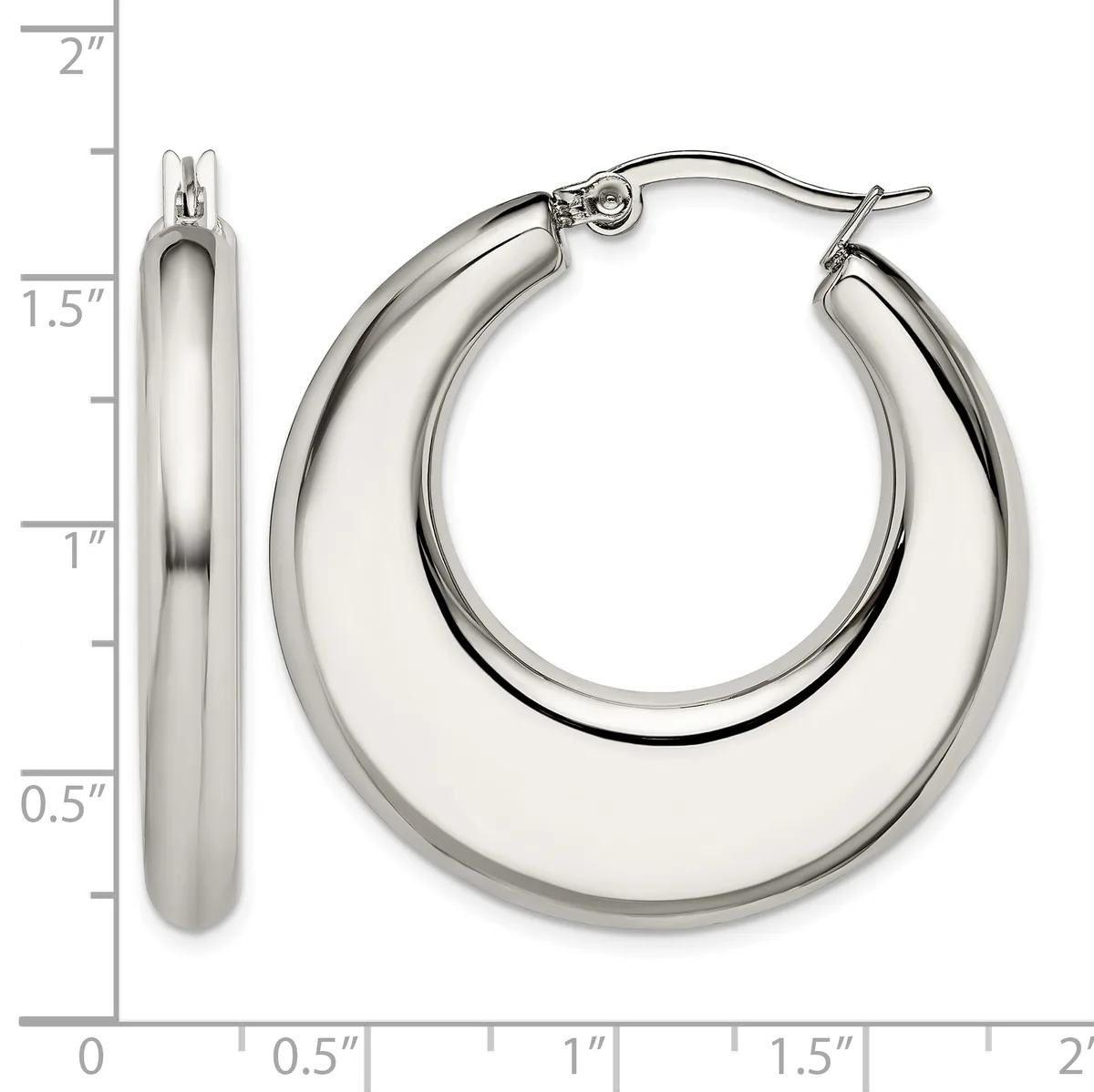 Polished silver-tone chunky hoop earrings with hinged posts, displayed on a measurement scale showing approximately 1.5 inches in diameter and 0.5 inches in width.