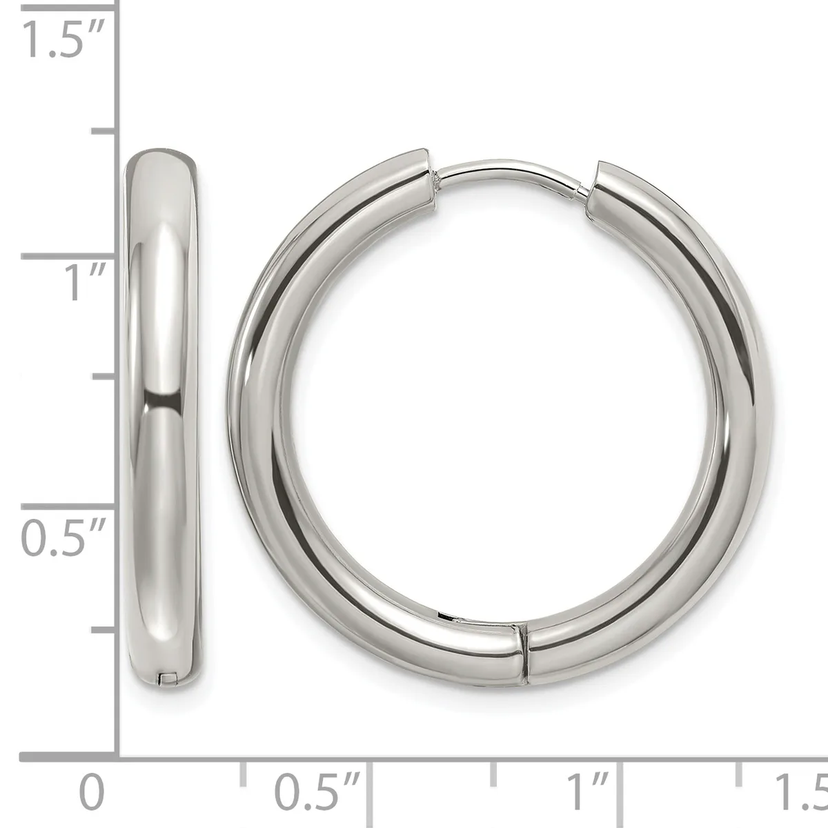 Polished silver-toned chunky hoop earrings with hinged closures, shown from front and side views with a measurement scale.