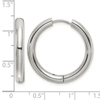 Polished silver-toned chunky hoop earrings with hinged closures, shown from front and side views with a measurement scale.