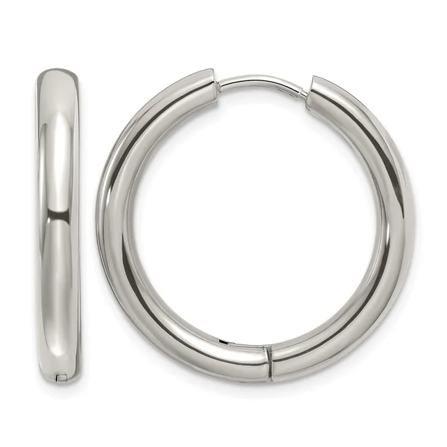 A pair of polished silver-tone chunky hoop earrings with a hinged closure, shown from the front and side view.