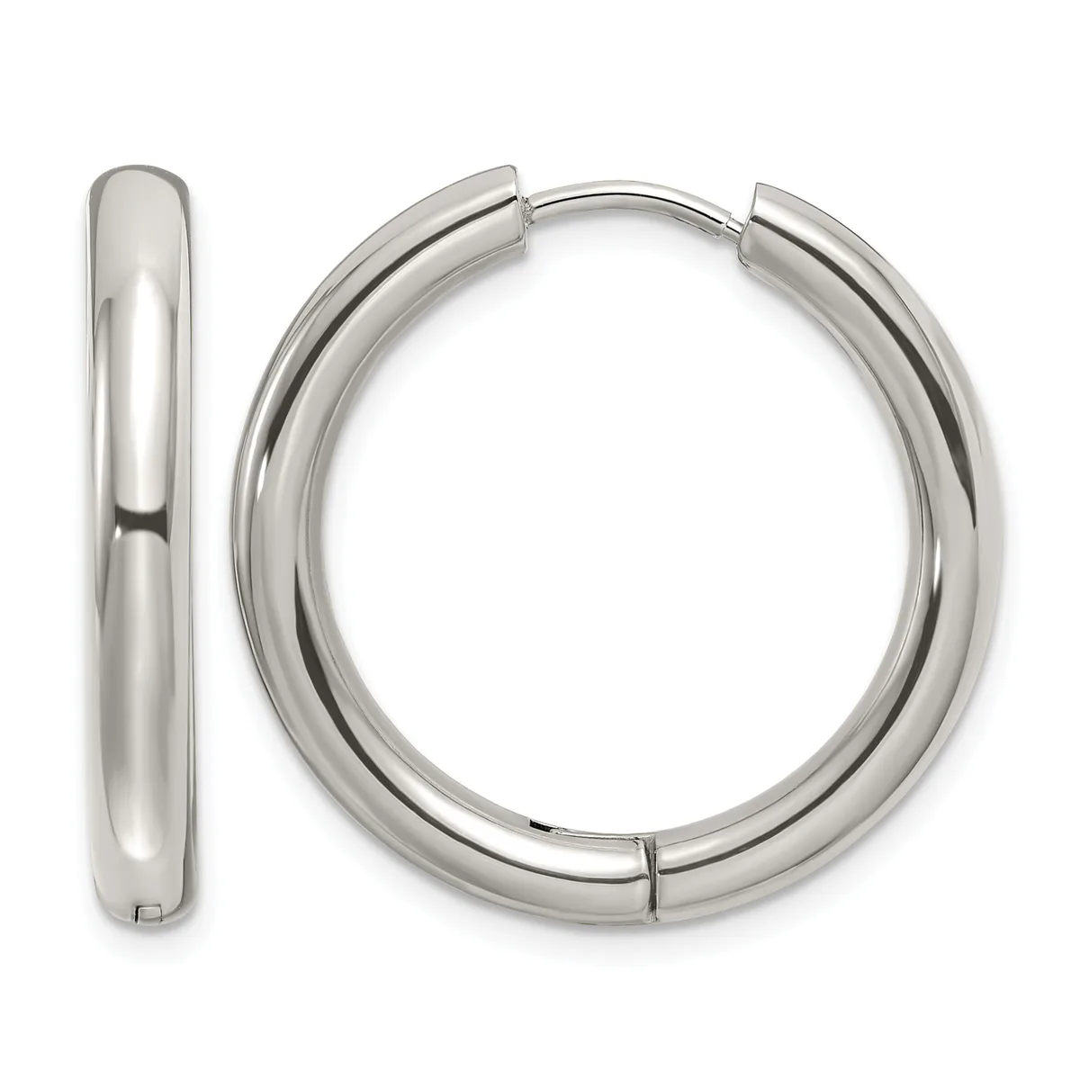 A pair of polished silver-tone chunky hoop earrings with a hinged closure, shown from the front and side view.