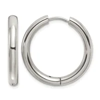 A pair of polished silver-tone chunky hoop earrings with a hinged closure, shown from the front and side view.