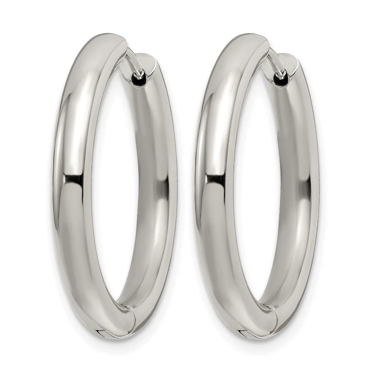 A pair of polished silver-toned hoop earrings with a smooth, rounded profile and hinged closures, displayed side by side.