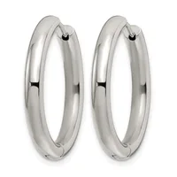 A pair of polished silver-toned hoop earrings with a smooth, rounded profile and hinged closures, displayed side by side.