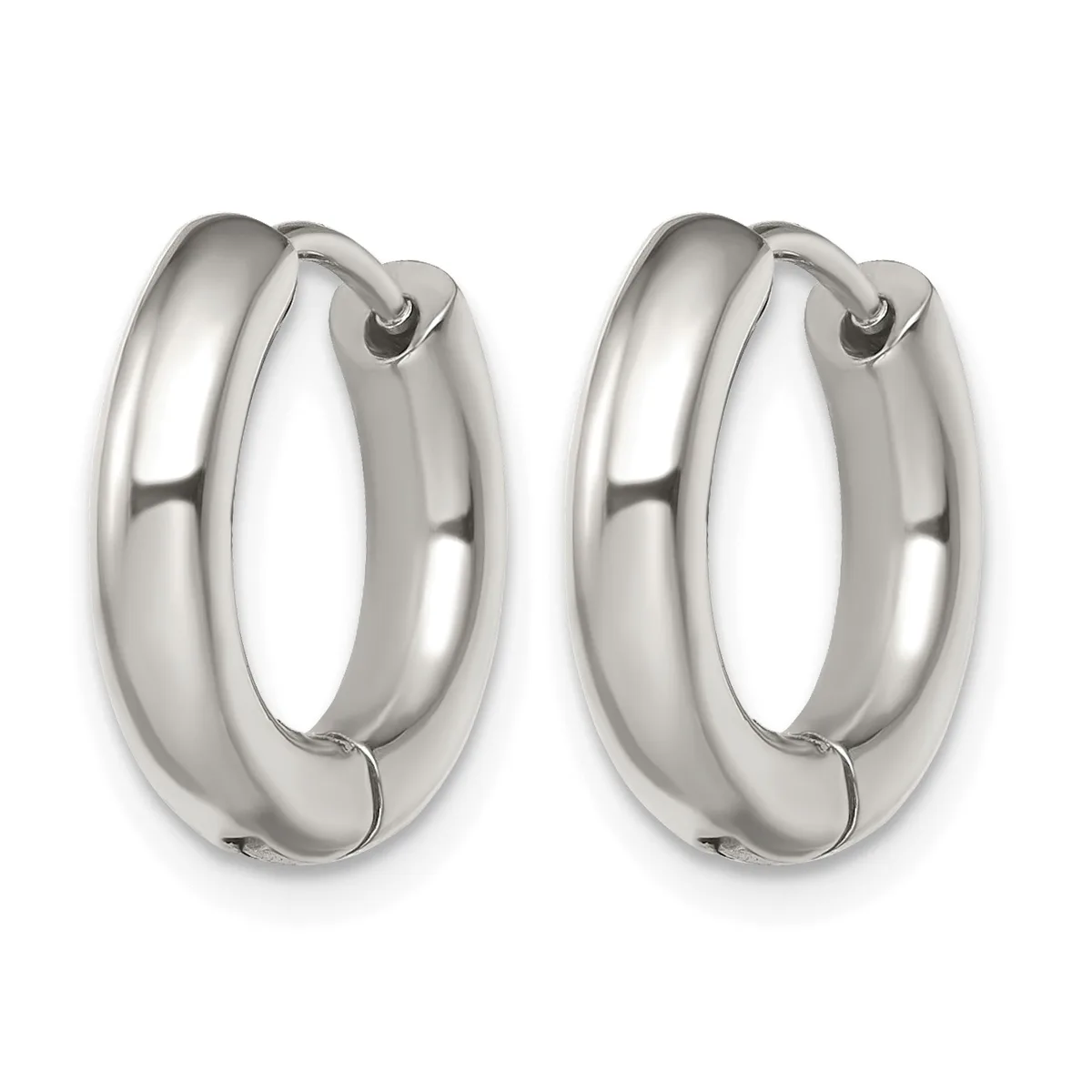 A pair of polished silver chunky hoop earrings with a high shine finish, displayed against a white background.