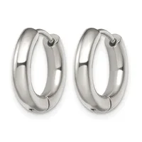 A pair of polished silver chunky hoop earrings with a high shine finish, displayed against a white background.