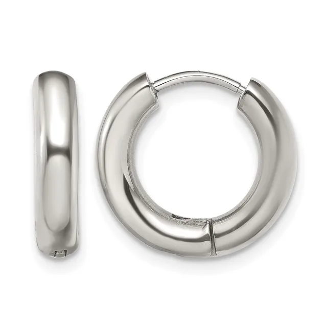 A pair of polished silver-toned chunky hoop earrings with a rounded, tubular design and hinged closures, shown from front and side angles.