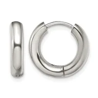 A pair of polished silver-toned chunky hoop earrings with a rounded, tubular design and hinged closures, shown from front and side angles.